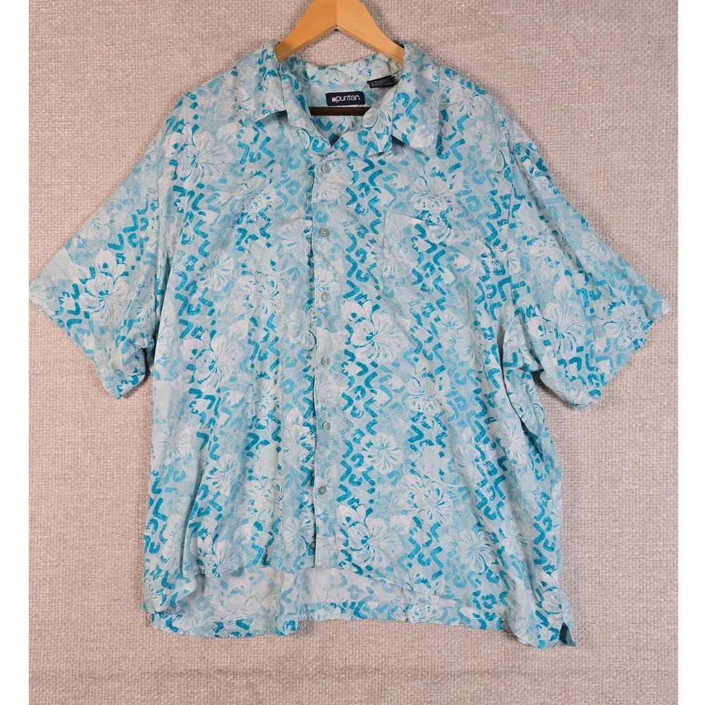 Puritan Mens 3XL Blue White Tropical Hibiscus Rayon Short Sleeve Shirt